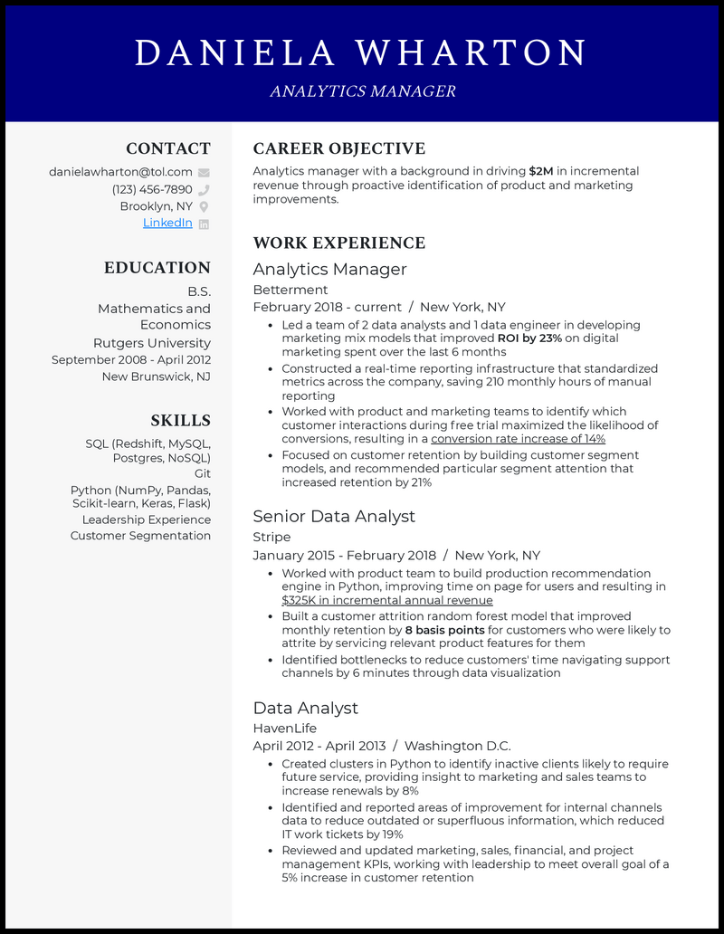 5 Data Analytics Manager Resume Examples for 2024