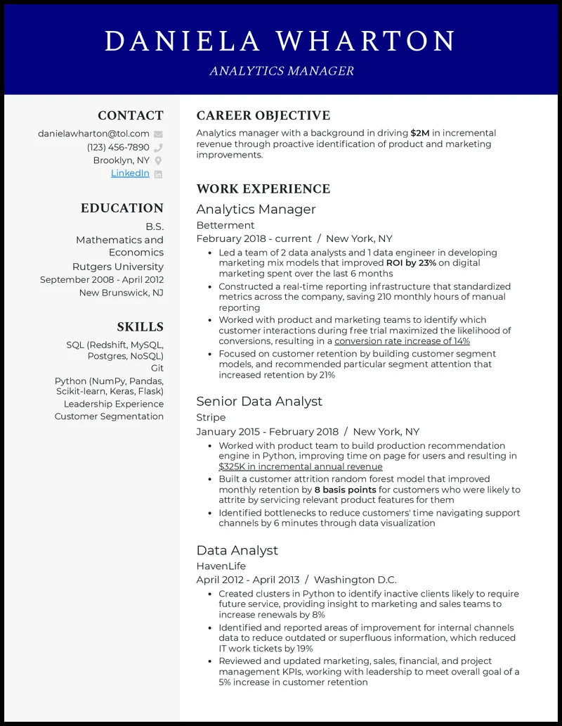 5 Data Analytics Manager Resume Examples for 2024