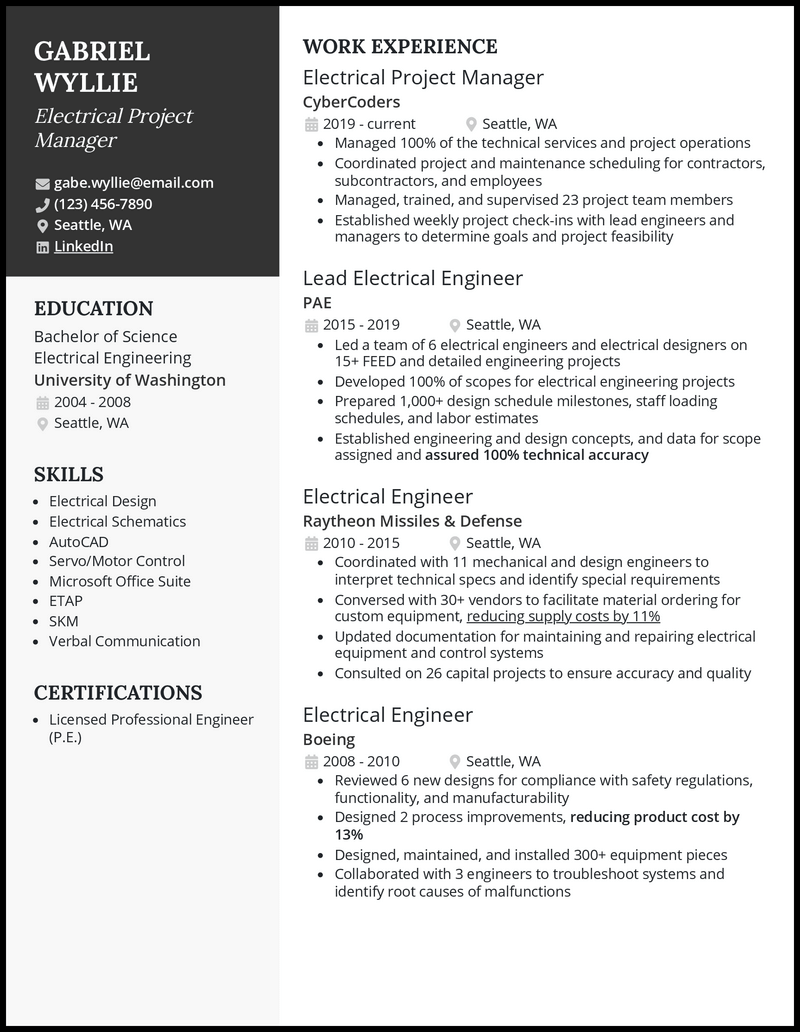 3 Electrical Project Manager Resume Examples & Templates [Edit Free]