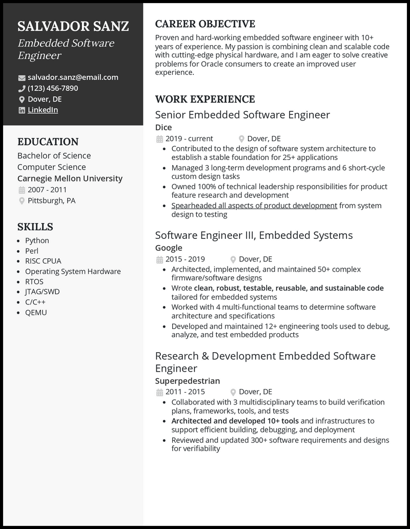 Sample Resume For Embedded Software Engineer Fresher