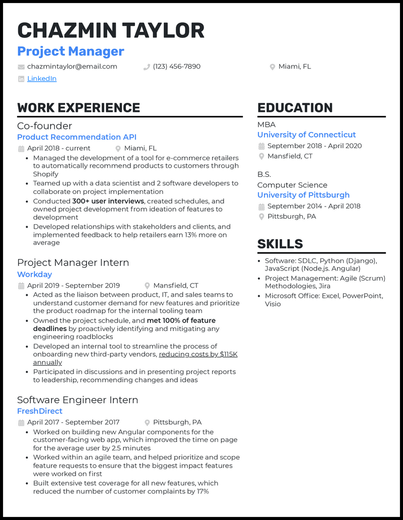 experienced project manager resume examples