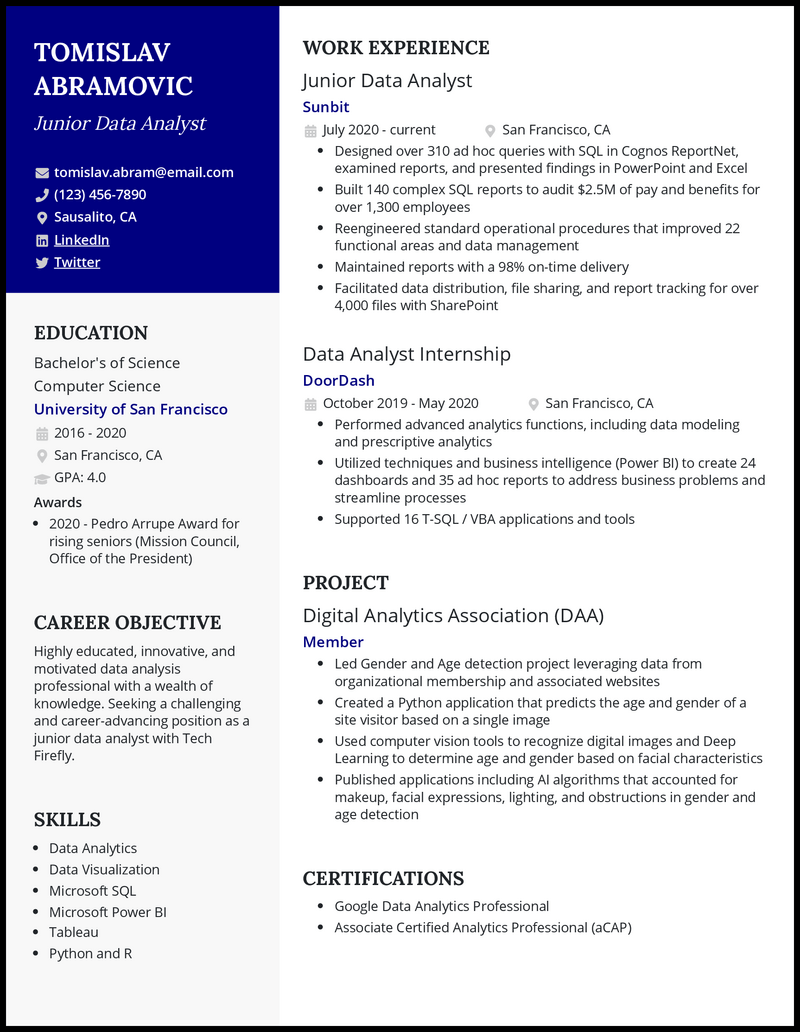 5 Junior Data Analyst Resume Examples for 2023