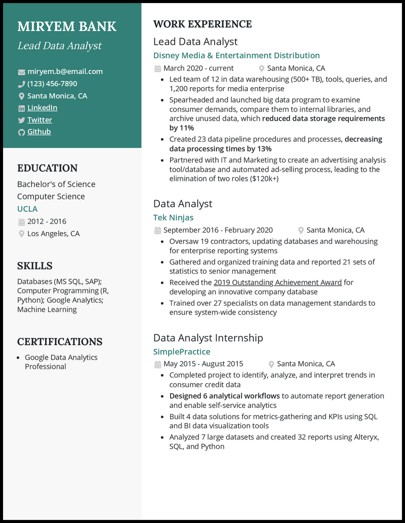 5 Lead Data Analyst Resume Examples for 2024