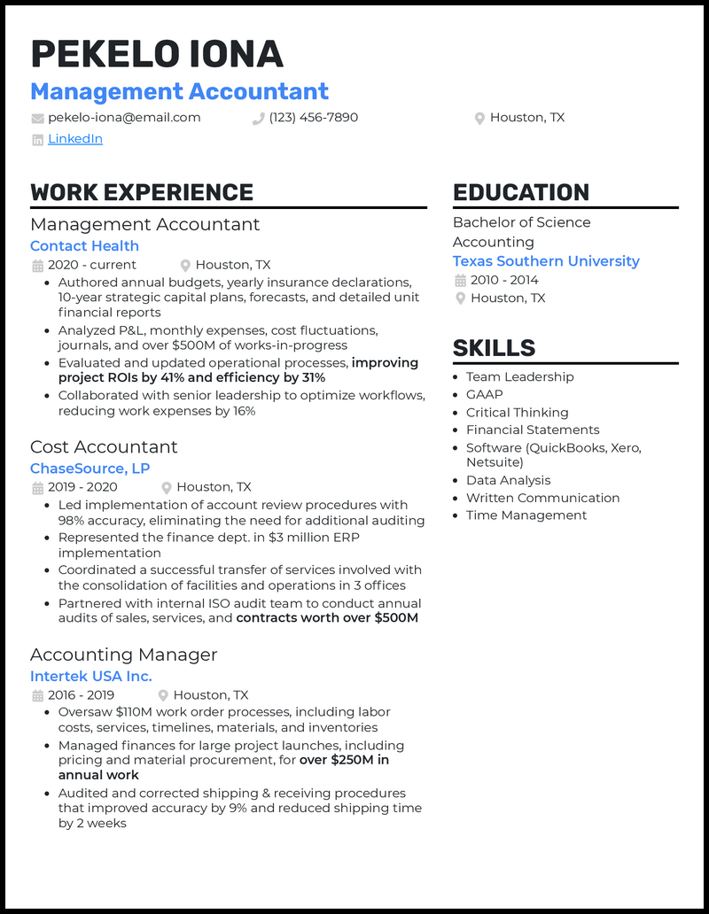3 Management Accountant Resume Examples for 2023