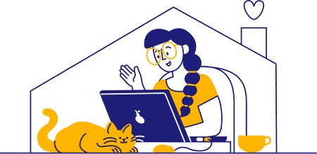 Job seeker at home outlines business analyst cover letter on purple laptop with cat sitting by desk 