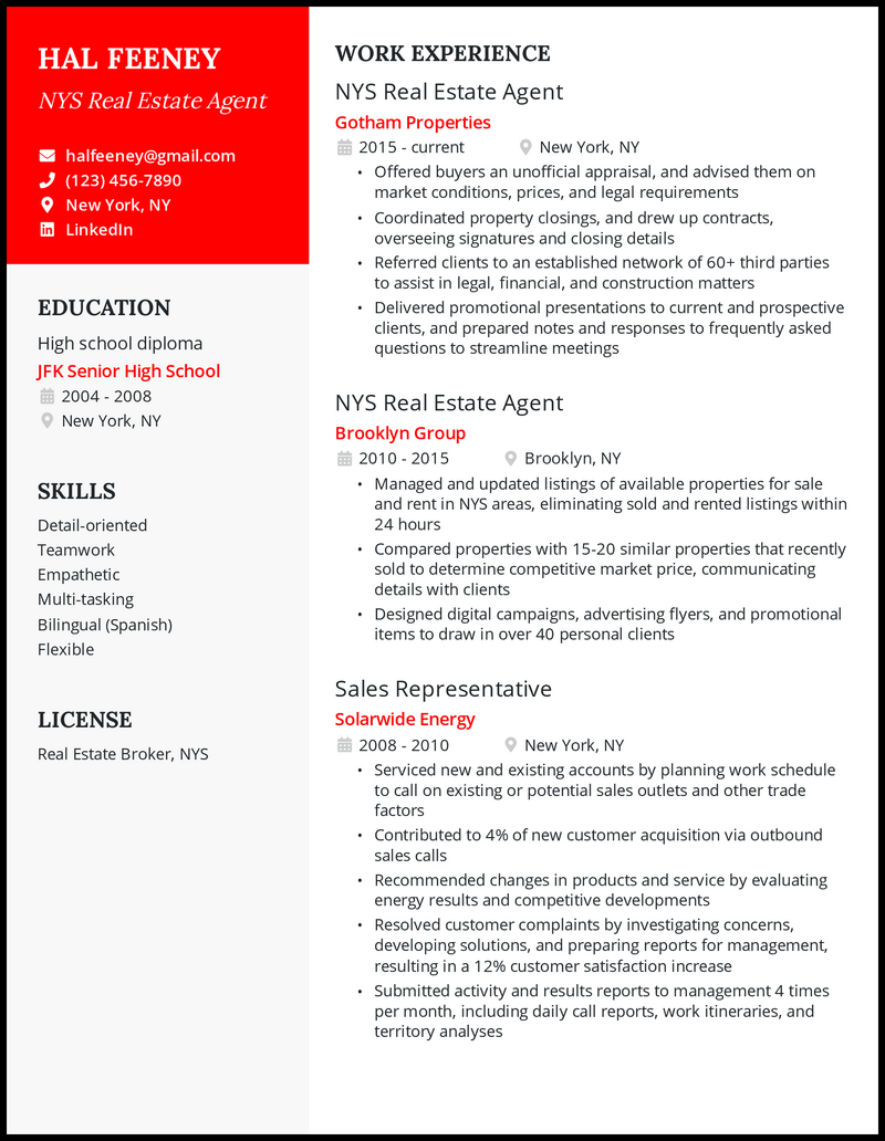 NYS real estate agent resume example with 13 years of experience