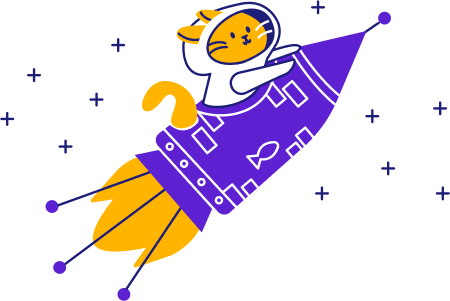 Yellow cat in purple rocket takes off into the stars to signify finishing an accountant cover letter and resume
