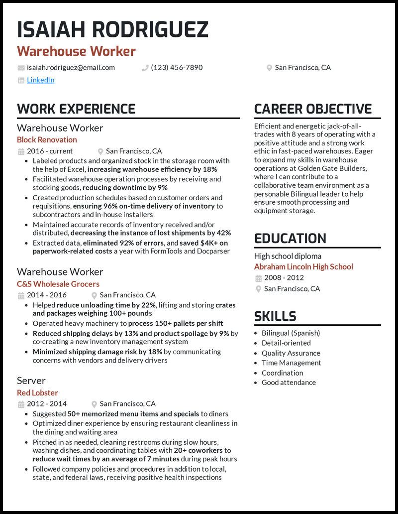 9 Warehouse Worker Resume Samples That Got Jobs In 2024   Warehouse Worker Resume Example 