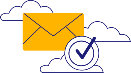 Yellow envelope holding a product manager cover letter displayed in the cloud with a blue checkmark 