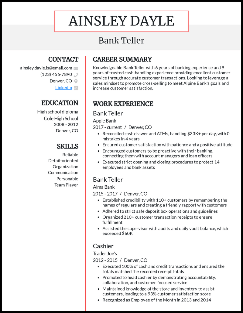 Job Description For Bank Teller Resume