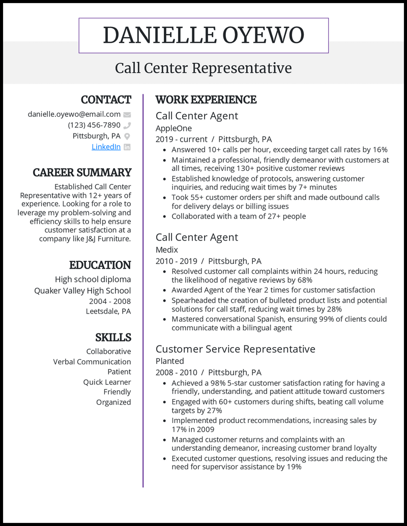resume format for call center job