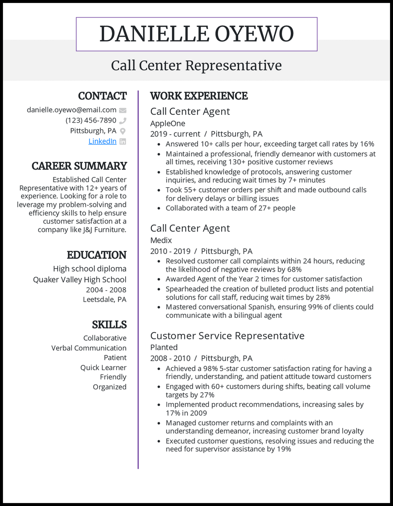 call center representative resume job hero