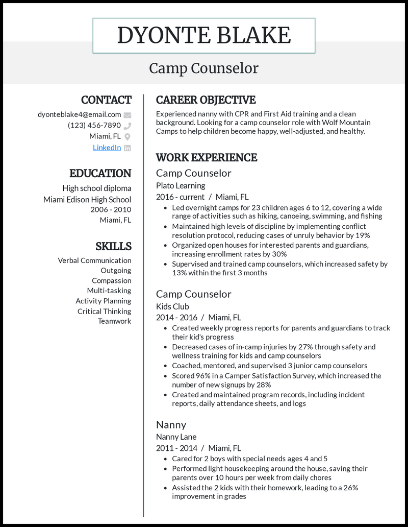 7 Camp Counselor Resume Examples for 2024