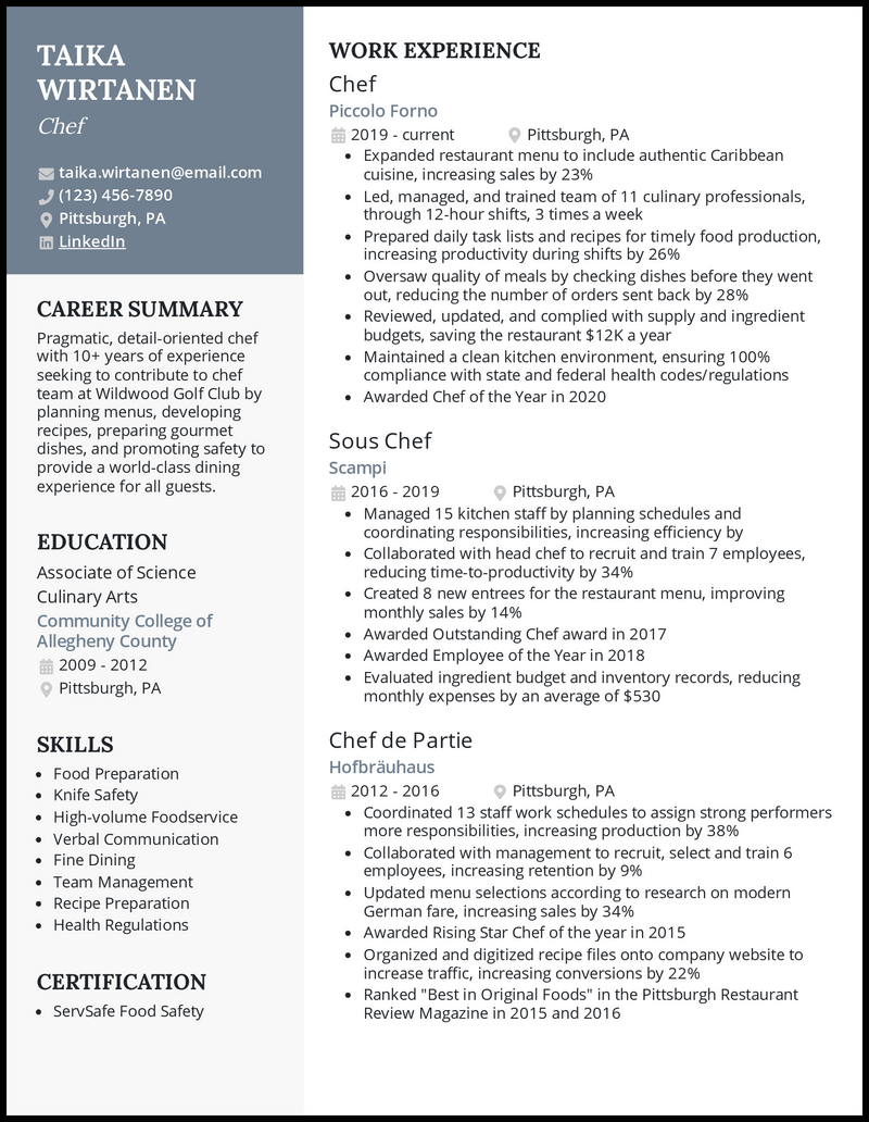 examples of a resume for a chef