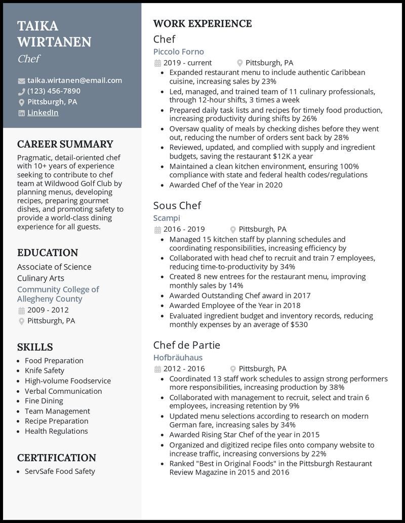 chef resume reference letter