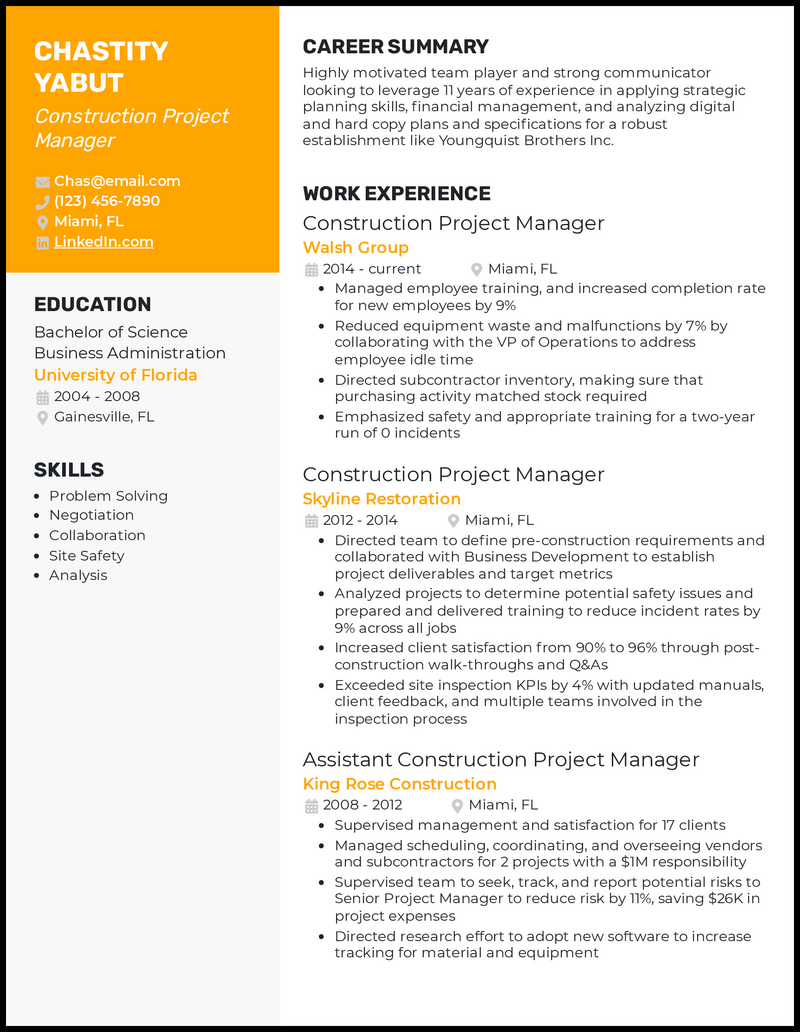 Objective Statement For Construction Management Resume