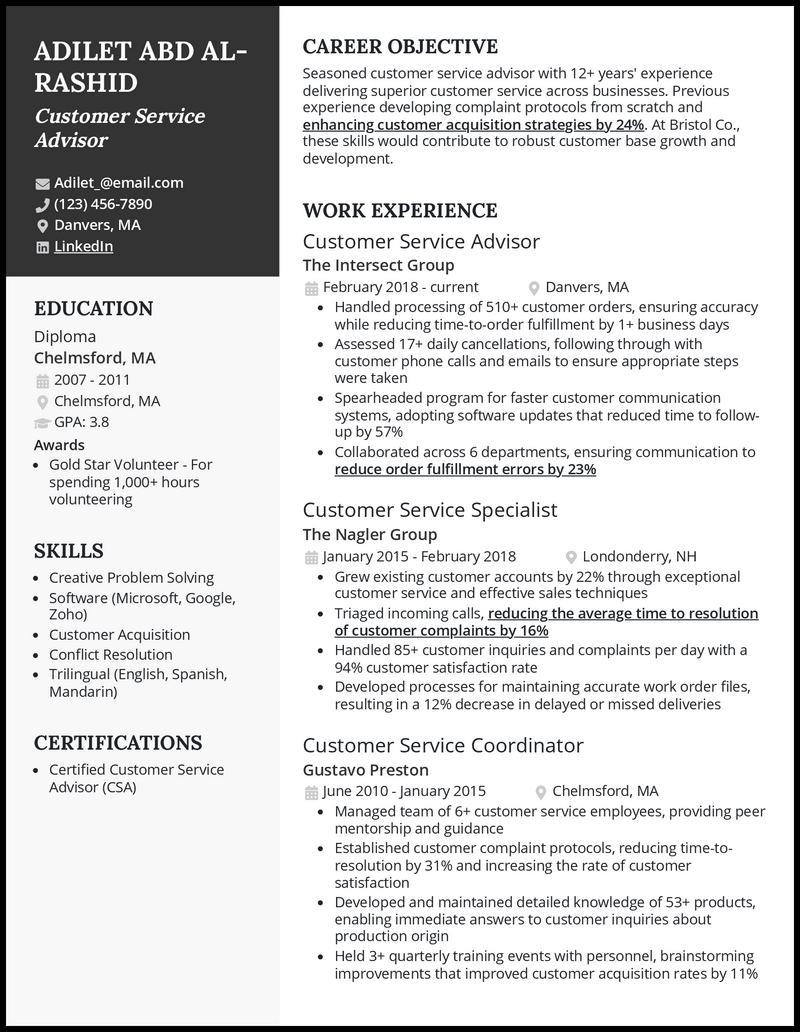 3 Customer Service Advisor Resume Examples & Templates [Edit Free]