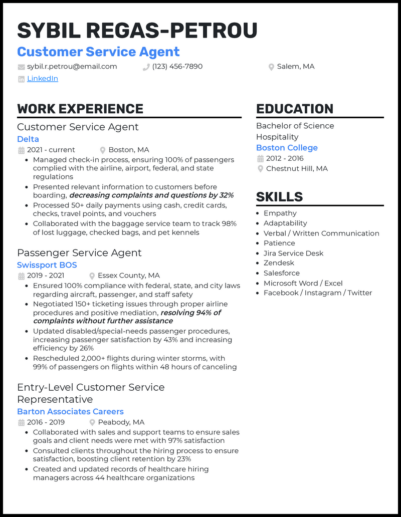 3 Customer Service Agent Resume Examples For 2024