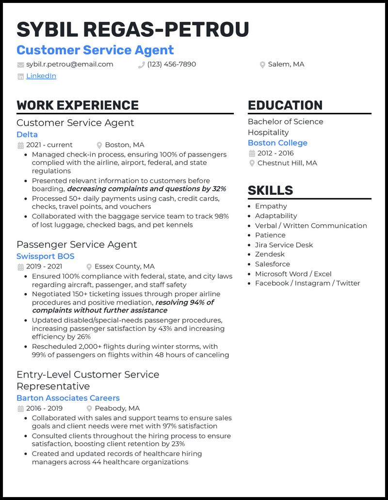 3 Customer Service Agent Resume Examples For 2024   Customer Service Agent Standout Resume Example 