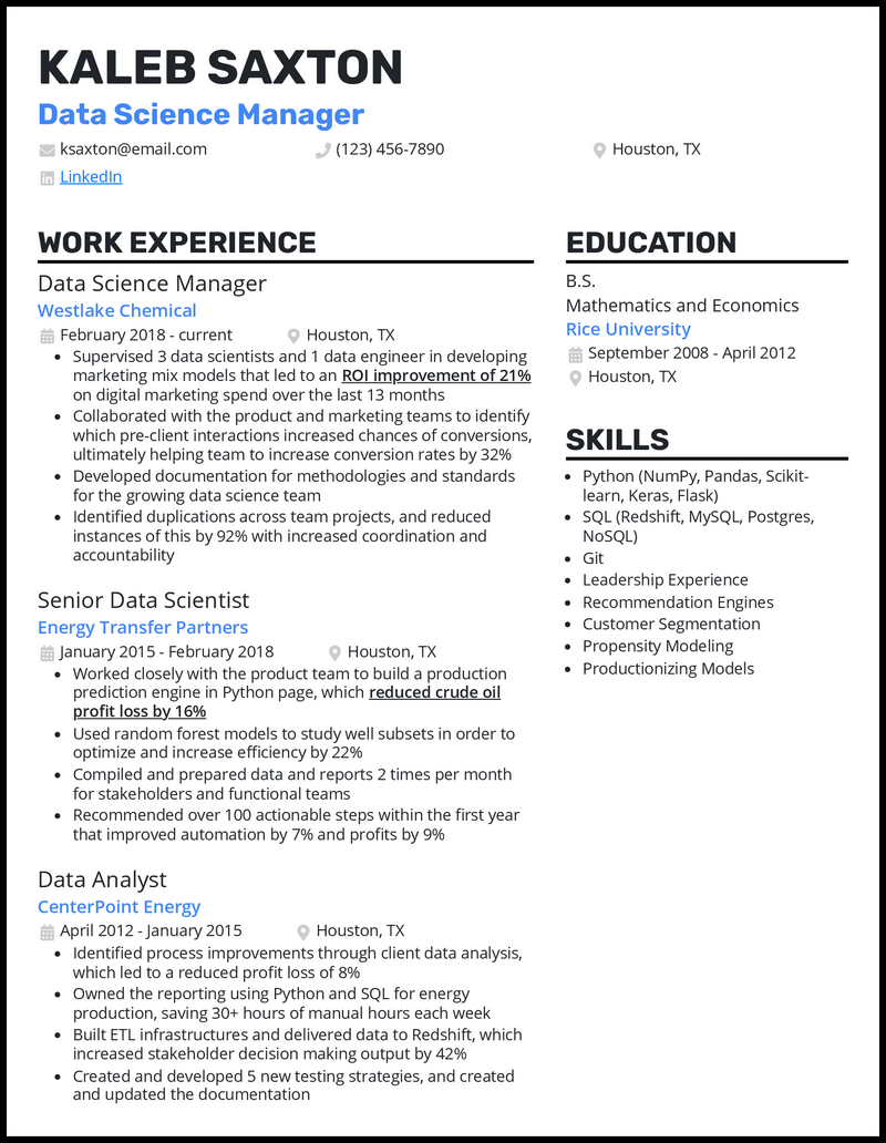 3 Data Science Manager Resume Examples for 2024