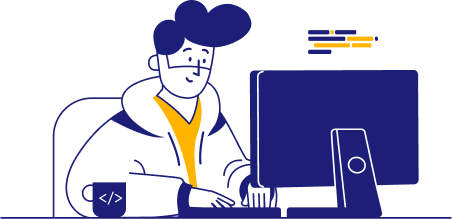 Engineer searching for job writes resume on blue desktop computer with coffee mug on desk