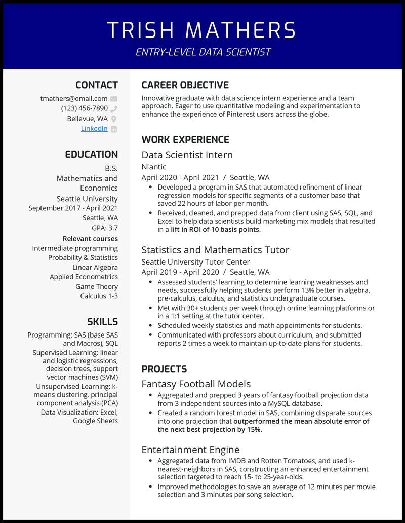 5 Entry-Level Data Scientist Resume Examples for 2024