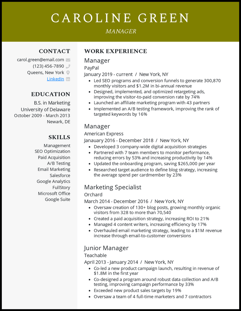 Sample Resume For Manager Position