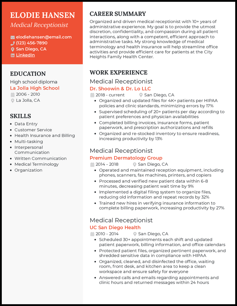 7 Medical Receptionist Resume Examples [& Templates]