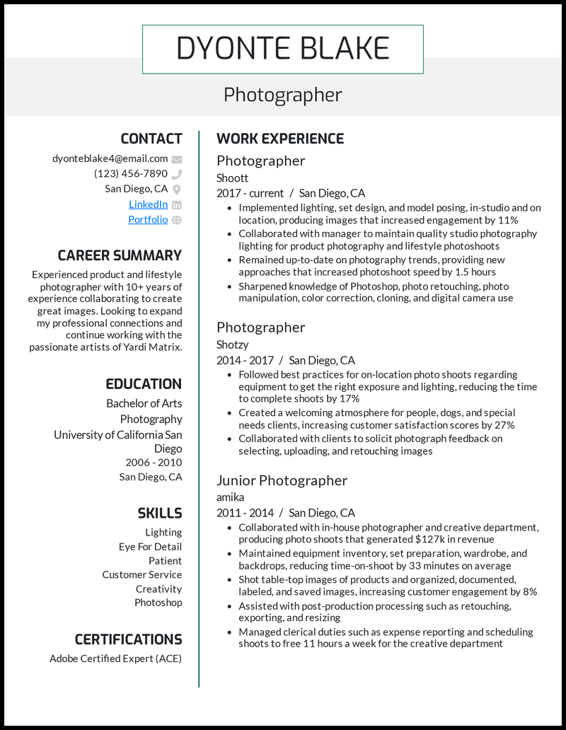 11 Real Photographer Resume Examples That Worked in 2024