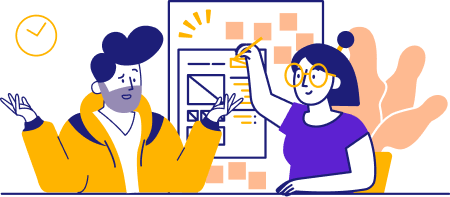 Advisor in purple shirt points to charts and gives solid advice to entrepreneur in yellow jacket 