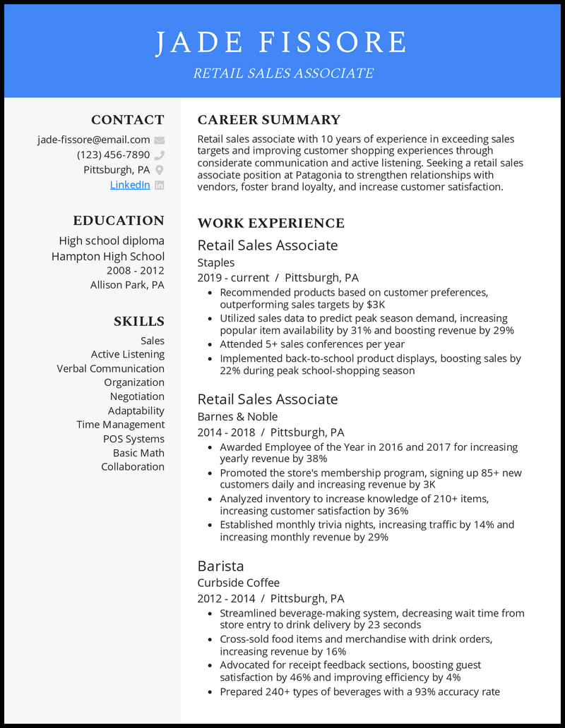 sample resume for entry level retail sales associate