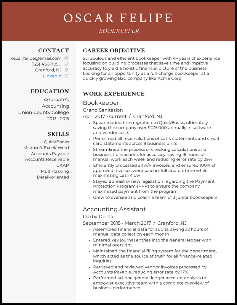 11 Bookkeeper Resume Samples That Worked In 2024   Bookkeeper Resume Example 