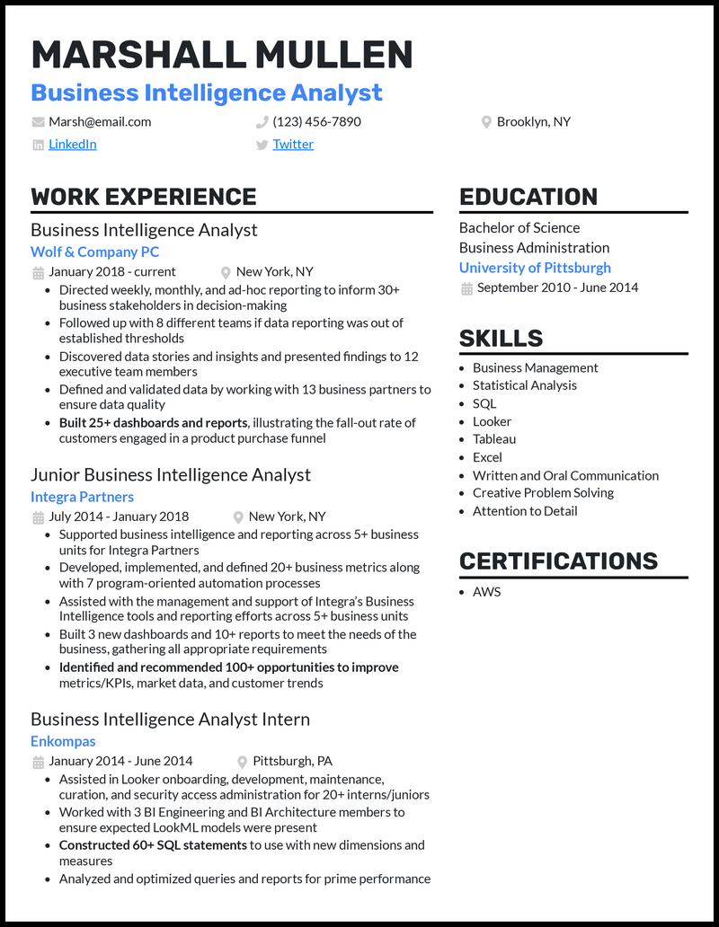 5 Business Intelligence Analyst Resume Examples in 2024