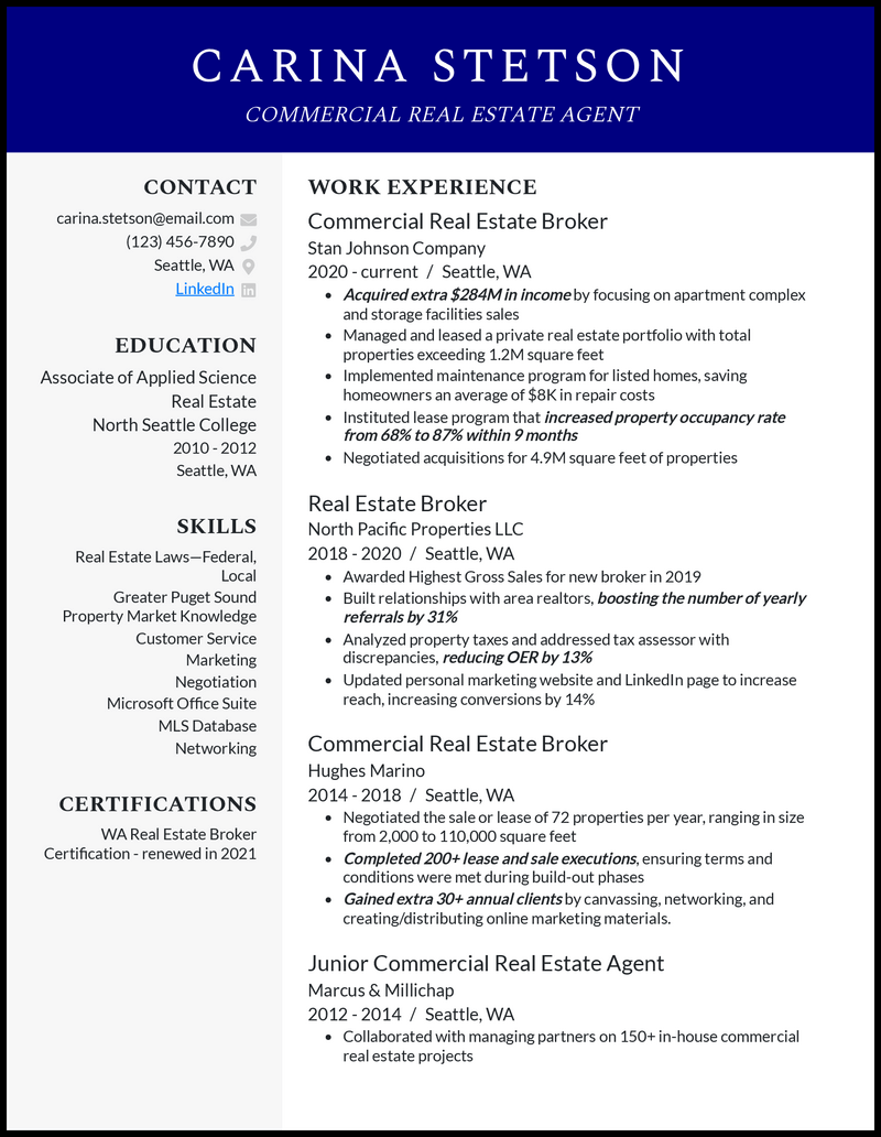 3 Commercial Real Estate Agent Resume Examples For 2024