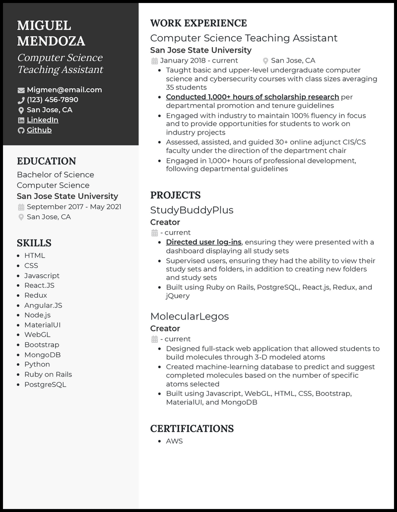 3 Computer Science Teaching Assistant Resume Examples