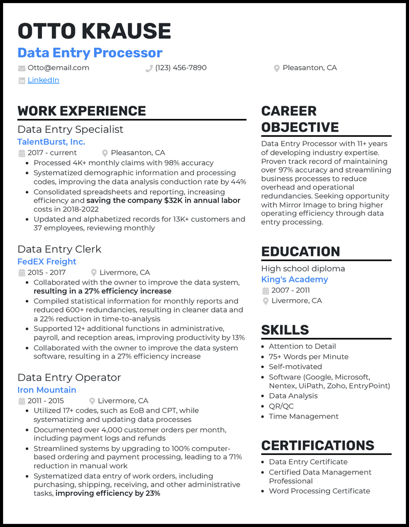 3 Data Entry Processor Resume Examples For 2024