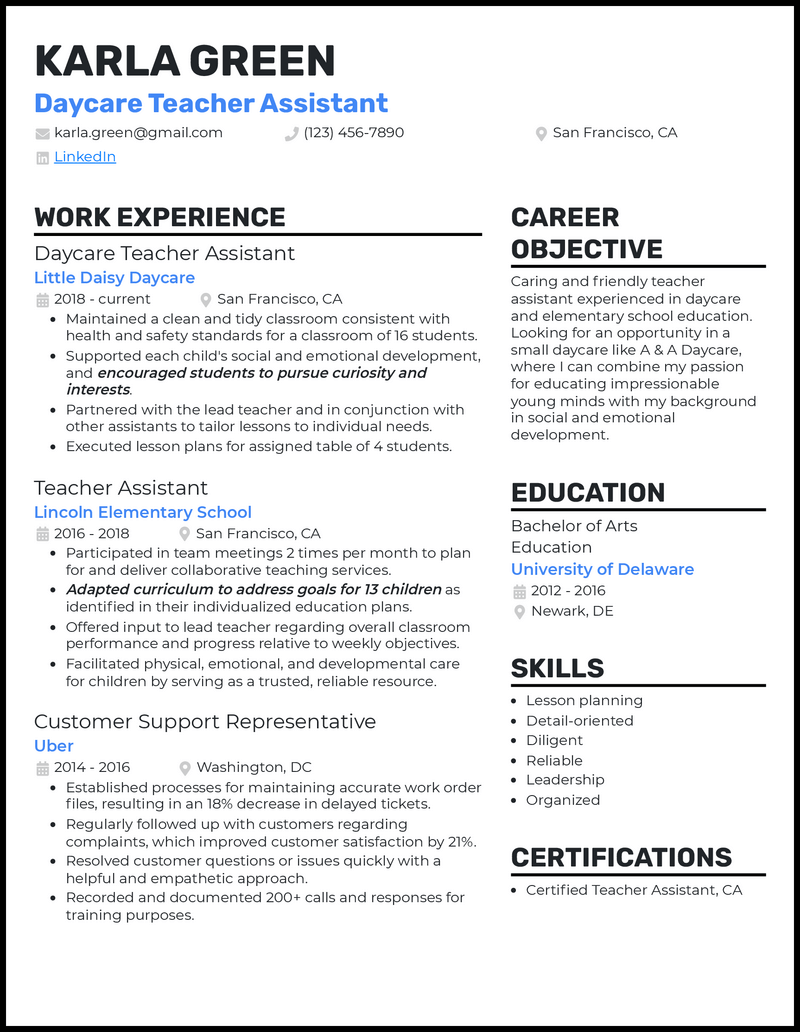 5 Daycare Teacher Assistant Resume Examples For 2024