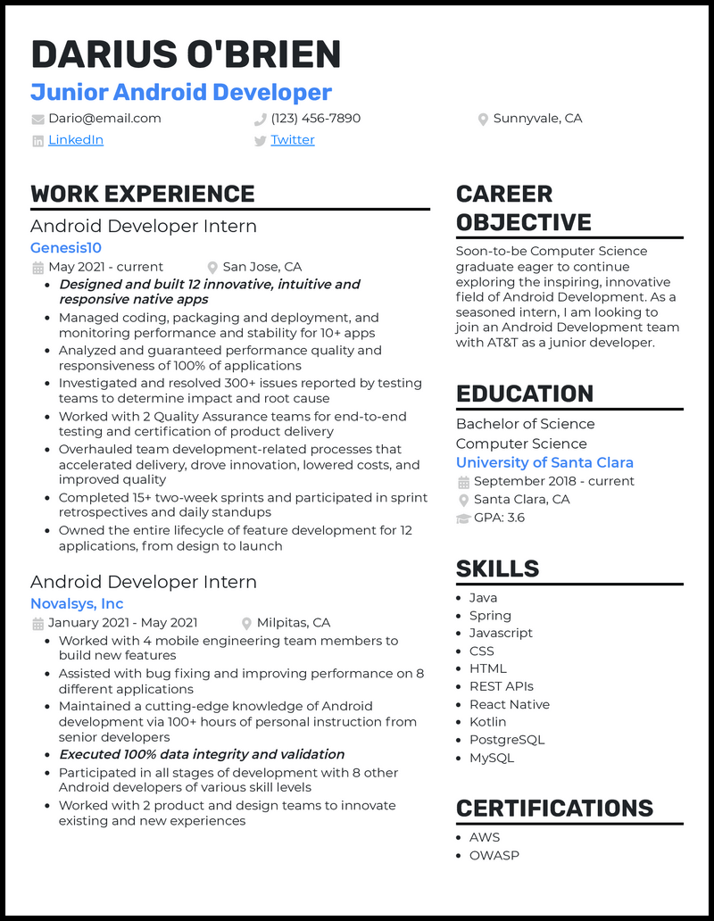 5 Entry-Level Android Developer Resume Examples in 2024