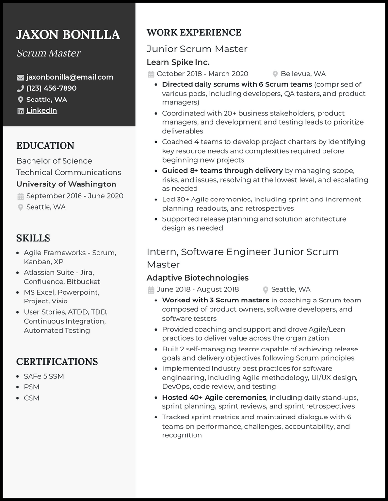 5 Entry-Level Scrum Master Resume Examples & Templates [Edit Free]