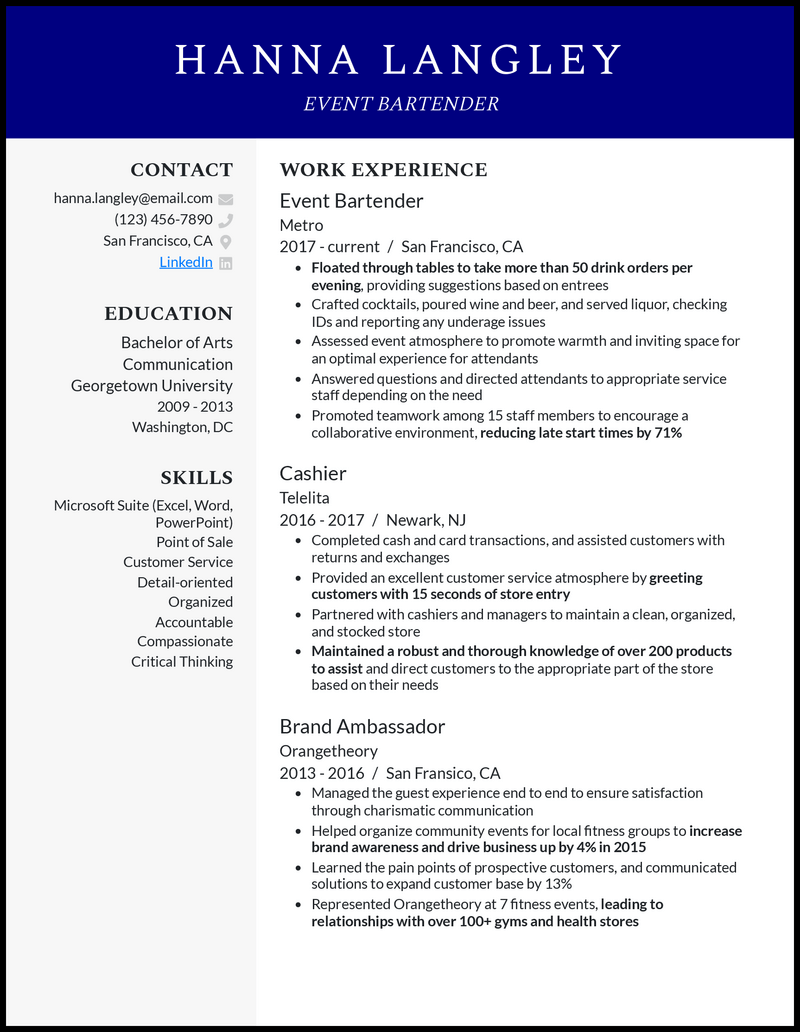 5 Event Bartender Resume Examples for 2024