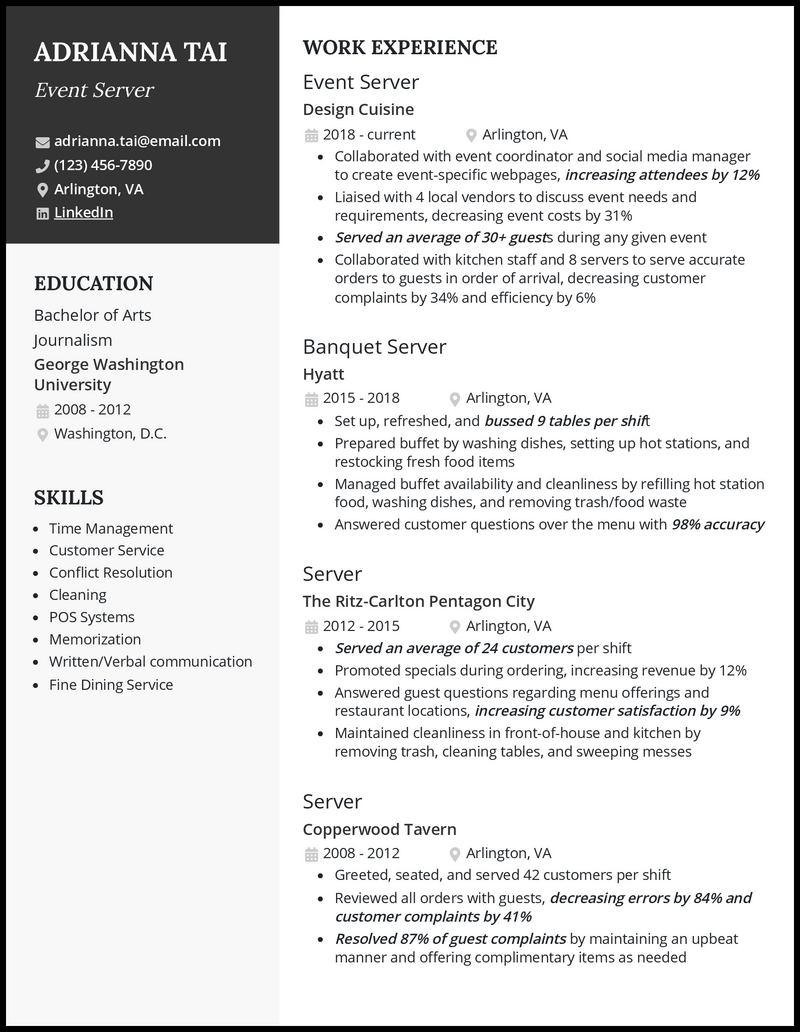3 Event Server Resume Examples for 2024