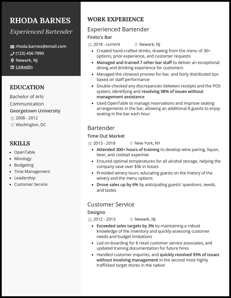 3 Experienced Bartender Resume Examples For 2024