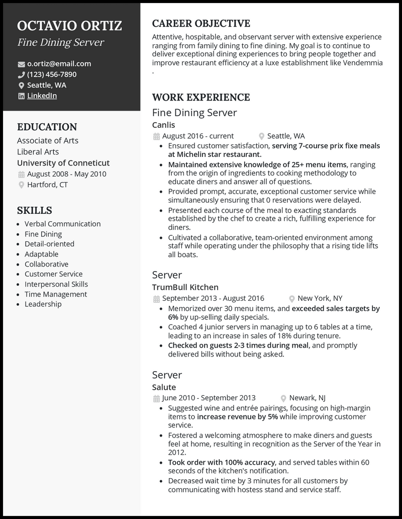 3 Fine Dining Server Resume Examples for 2024