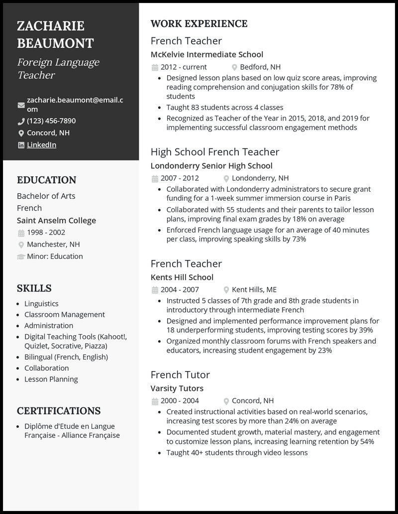 5 Foreign Language Teacher Resume Examples For 2024   Foreign Language Teacher Elegant Resume Example 