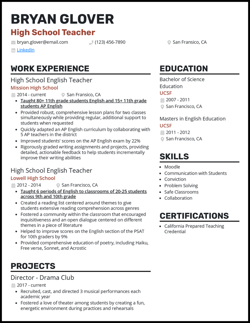 3 Real High School Teacher Resume Examples That Work + Guide
