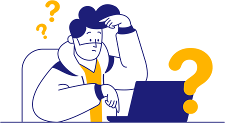 A man is sitting at a desk with a laptop in front of him, looking confused and uncertain about what to type. There are several big question marks floating around him, indicating his uncertainty. The scene may be related to the topic of job searching, specifically in the restaurant industry.