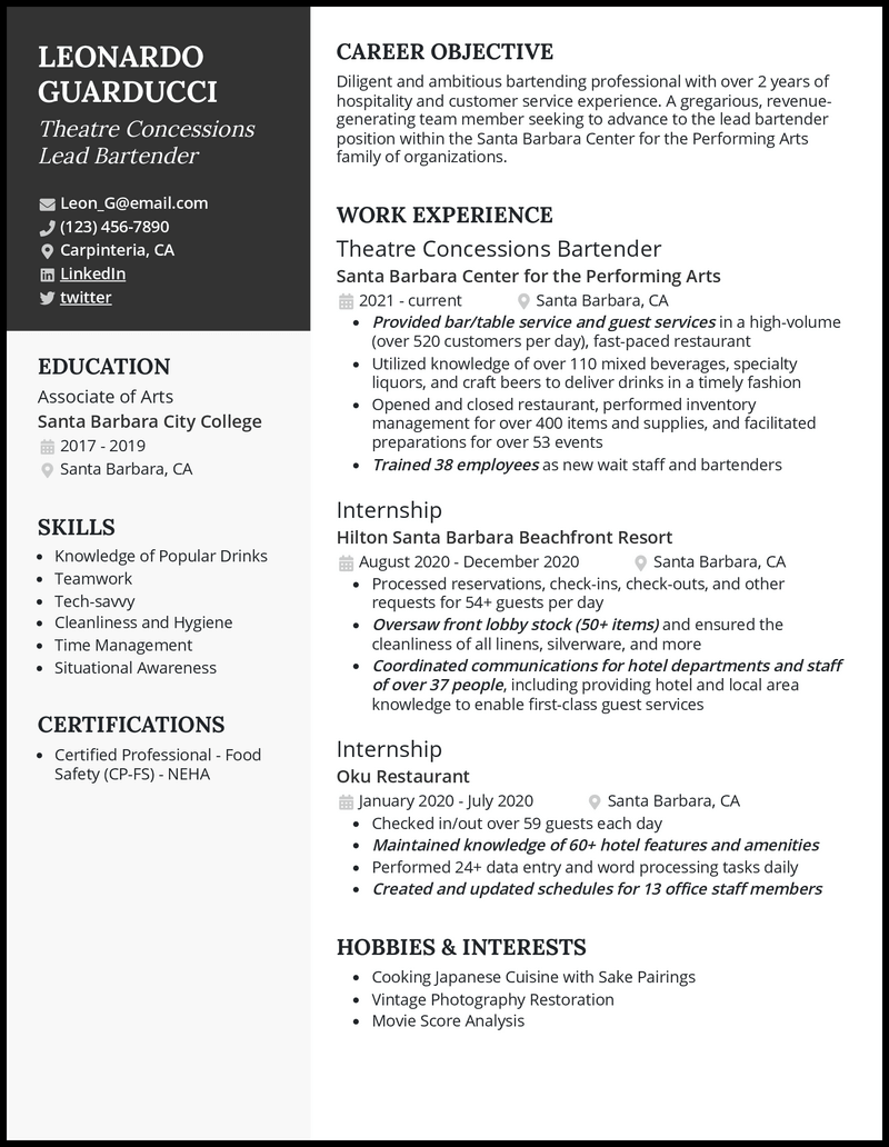 3 Lead Bartender Resume Examples For 2024