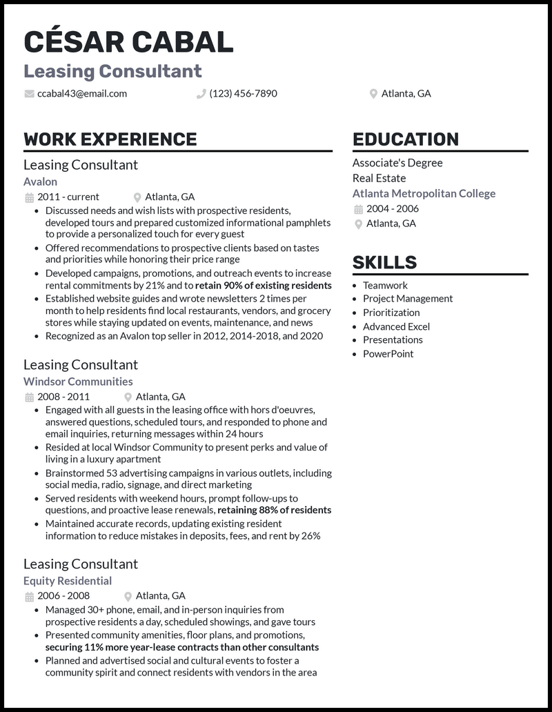 3 Leasing Consultant Resume Examples Built For 2024