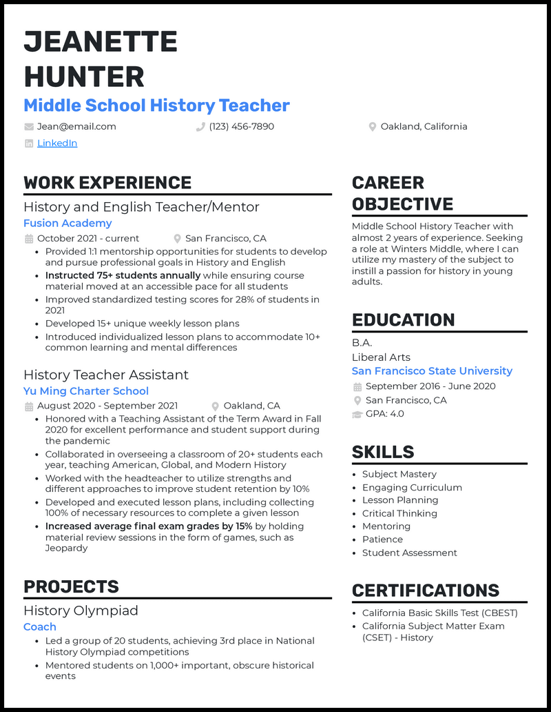 5 Middle School Teacher Resume Examples for 2024