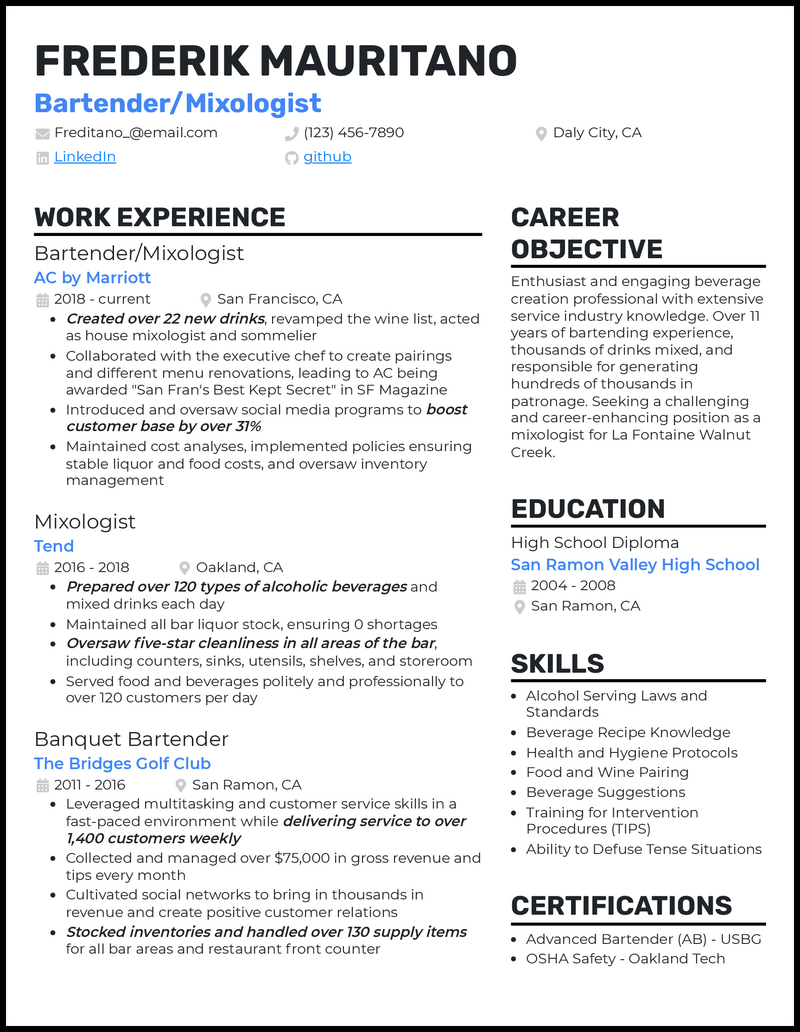 3 Mixologist Resume Examples for 2023